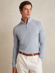 Reiss Soft Blue Blackhall Merino Wool Half-Zip Funnel Neck Jumper - Image 1 of 5