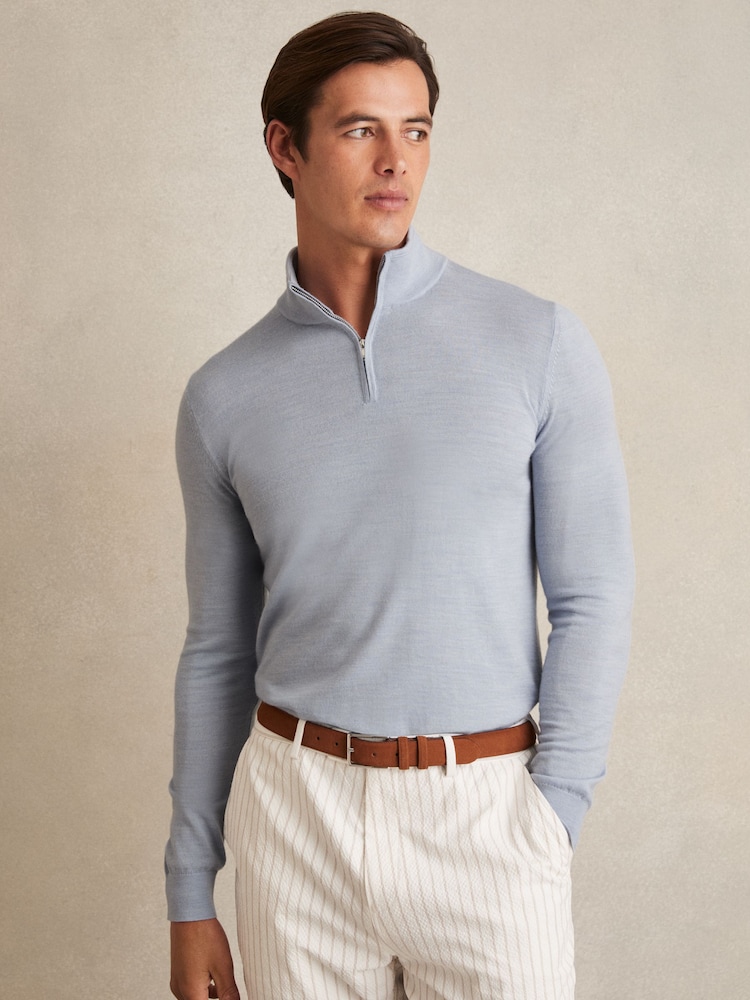Reiss Soft Blue Blackhall Merino Wool Half-Zip Funnel Neck Jumper - Image 1 of 5