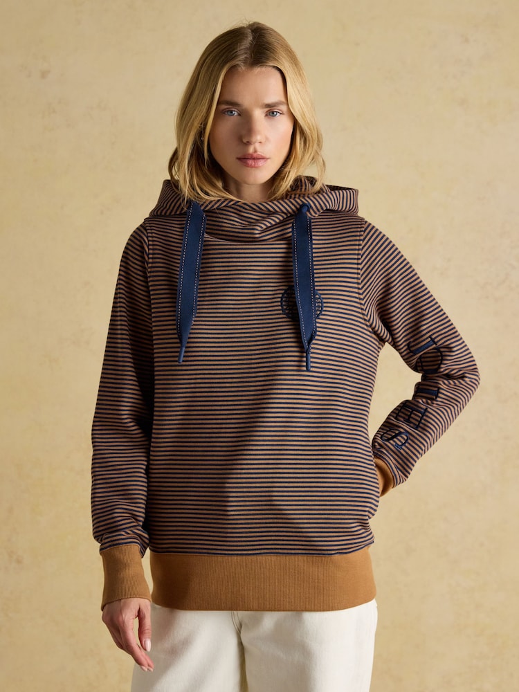 Joules Rushton Tan/Navy Stripe Cotton Cowl Neck Hoodie - Image 1 of 8