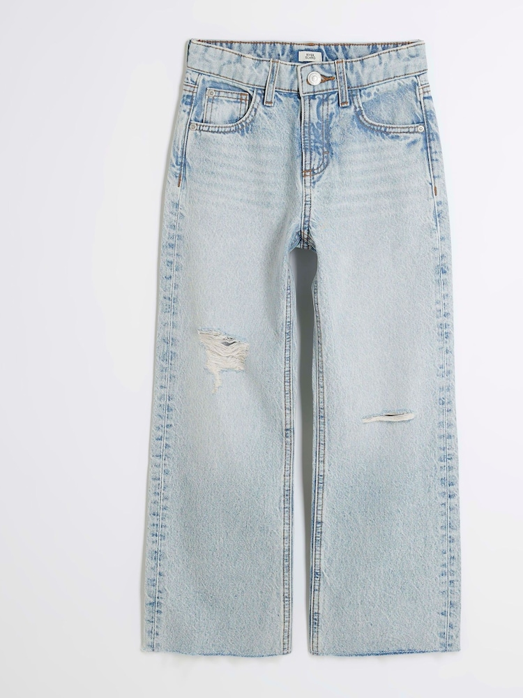 River Island Blue Girls 100% Cotton Denim Ripped Straight Jeans - Image 1 of 4