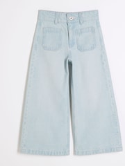 River Island Blue Girls Denim 100% Cotton Cropped Wide Leg Jeans - Image 1 of 4