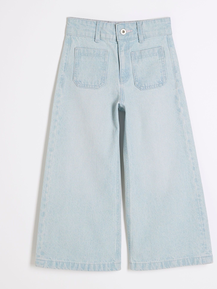 River Island Blue Girls Denim 100% Cotton Cropped Wide Leg Jeans - Image 1 of 4