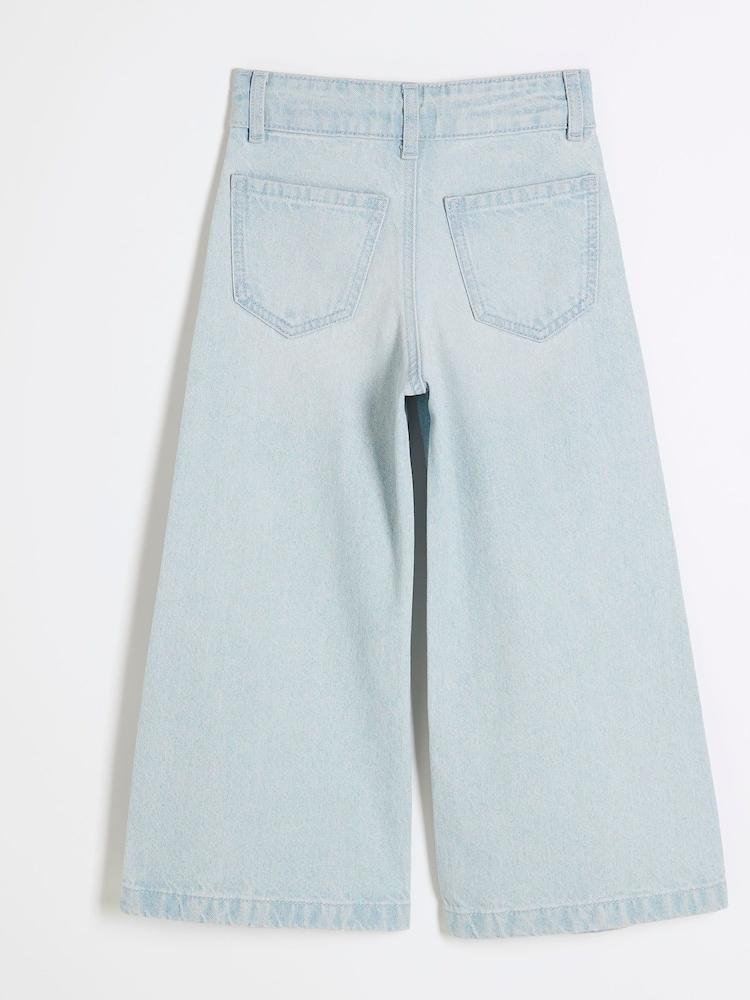 River Island Blue Girls Denim 100% Cotton Cropped Wide Leg Jeans - Image 2 of 4
