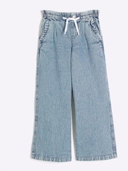 River Island Blue Girls 100% Cotton Denim Wide Leg Jeans - Image 1 of 4