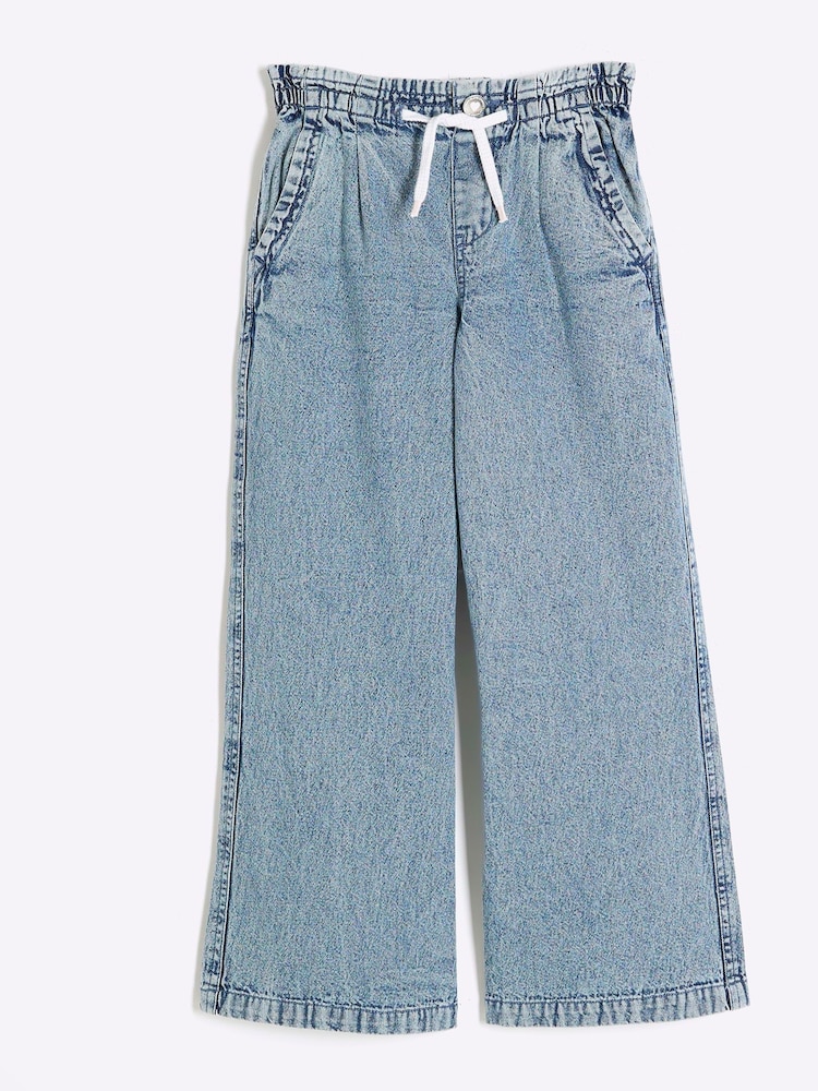River Island Blue Girls 100% Cotton Denim Wide Leg Jeans - Image 1 of 4