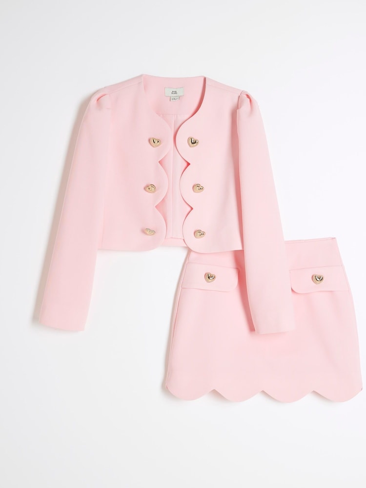 River Island Pink Girls Scallop Jacket and Skirt Set - Image 1 of 5