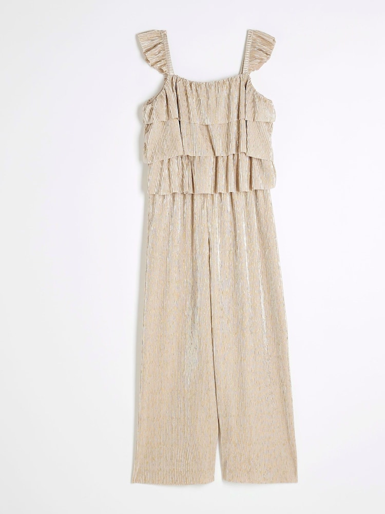 River Island Girls Gold Plisse Ruffle Jumpsuit - صورة 1 من 4