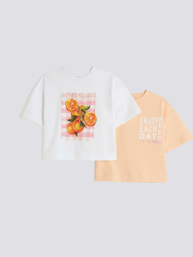 River Island Pink Girls Graphic Boxy 100% Cotton T-Shirts 2 Pack - Image 1 of 4 River Island Pink Girls Graphic Boxy 100% Cotton T-Shirts 2 Pack - Image 1 of 4
