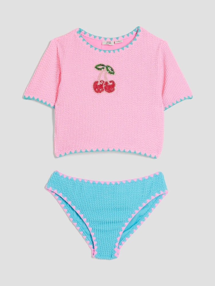 River Island Pink Girls Cherry T-Shirt Bikini - Image 1 of 4