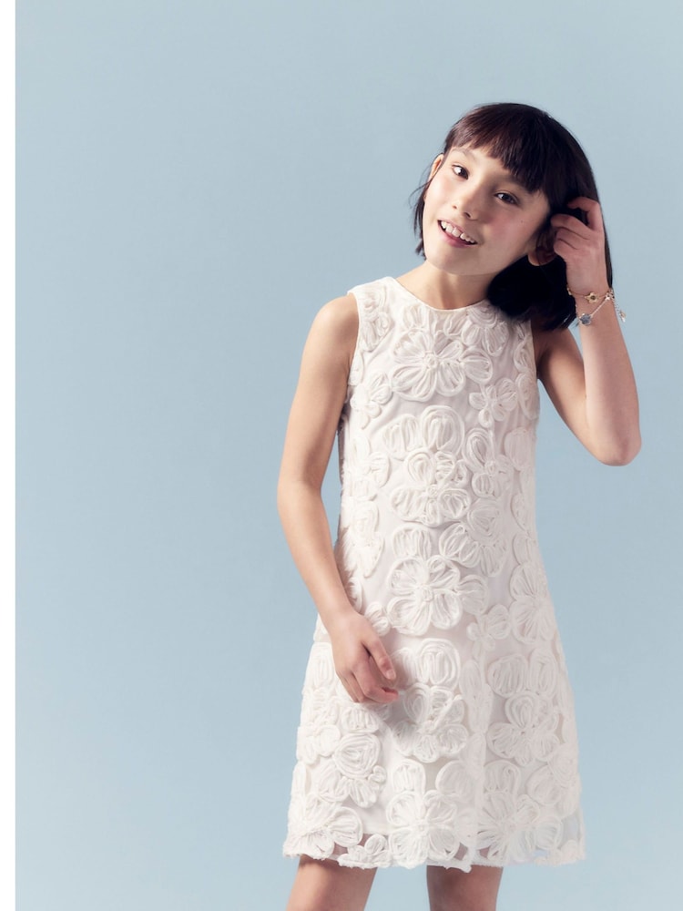 River Island Cream Girls 3D Flower Shift Dress - Image 1 of 5