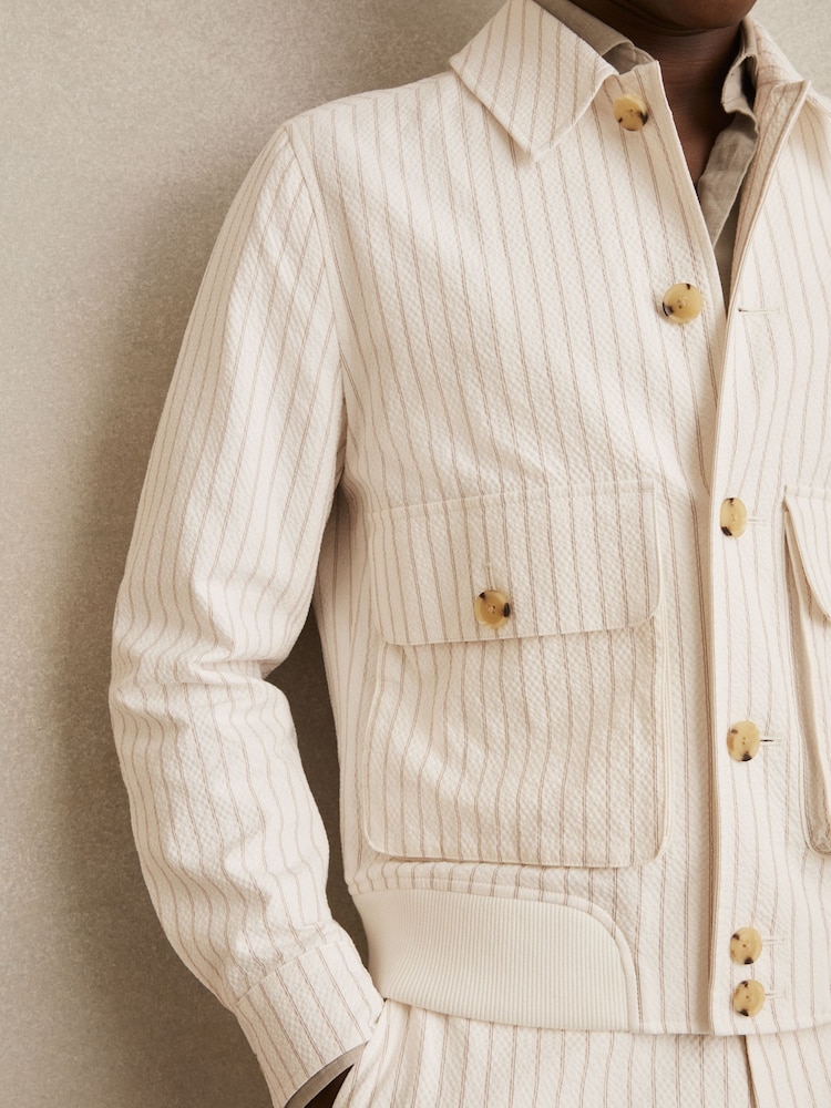 Reiss Off White/Taupe Brown Easton Cotton-Blend Pinstripe Harrington Jacket - Image 4 of 7