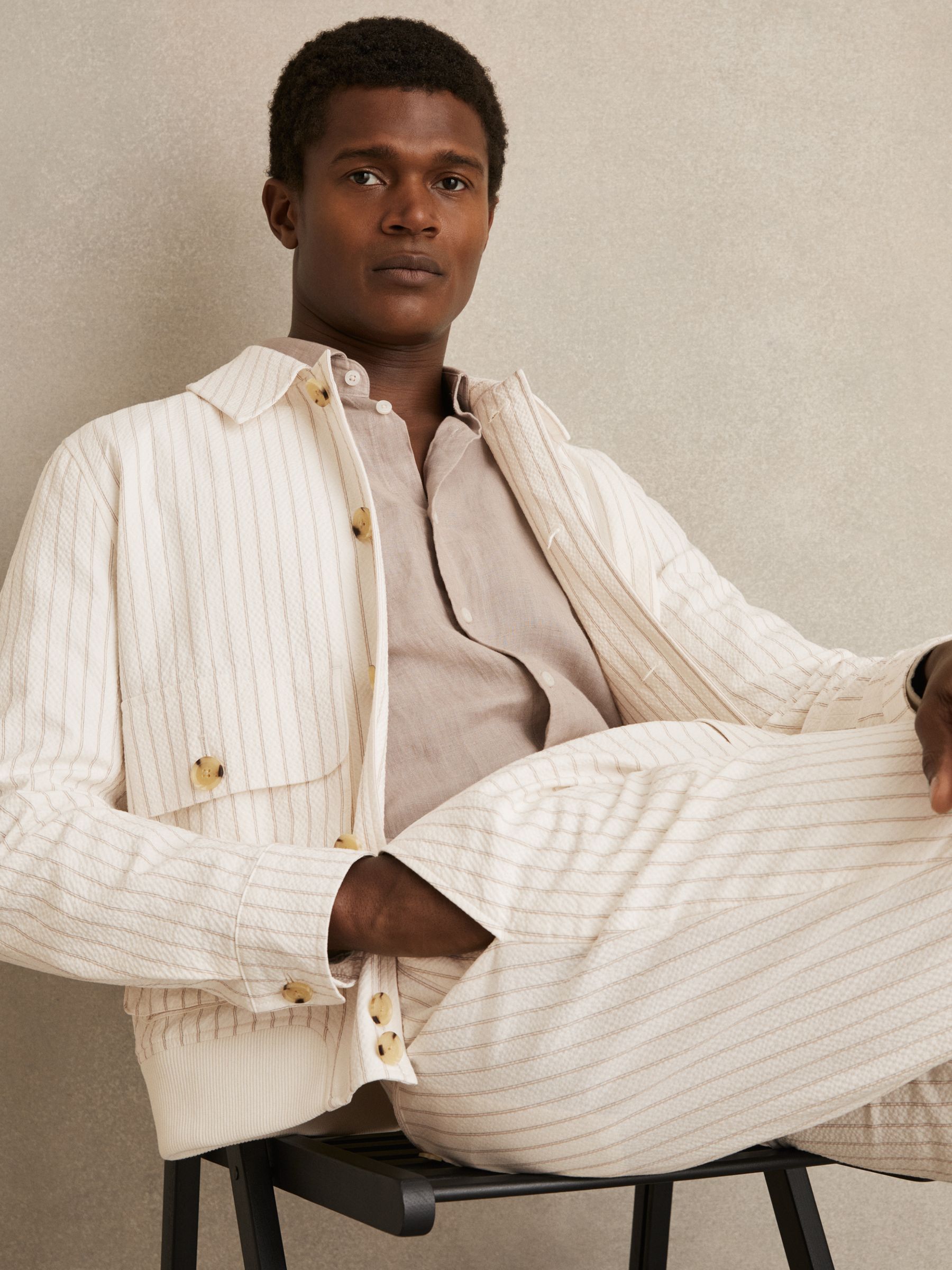 Buy Reiss Off White/Taupe Brown Easton Cotton-Blend Pinstripe