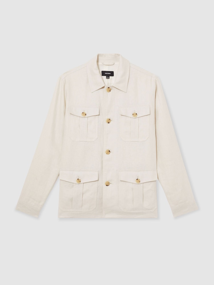 Reiss Off White Lotton Linen Four-Pocket Safari Jacket - Image 2 of 6