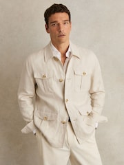 Reiss Off White Lotton Linen Four-Pocket Safari Jacket - Image 3 of 6