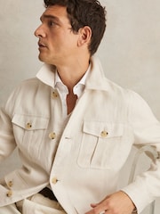 Reiss Off White Lotton Linen Four-Pocket Safari Jacket - Image 4 of 6