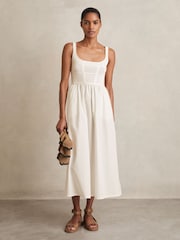 Reiss Ivory Kori Perforated-Knit Cotton-Skirt Midi Dress - Image 1 of 6