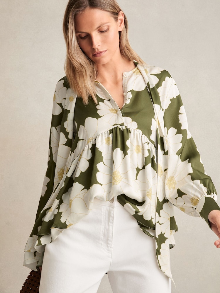 Reiss Ivory/Green Delilah Floral Tie-Neck Swing Blouse - Image 1 of 5