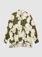 Reiss Ivory/Green Delilah Floral Tie-Neck Swing Blouse - Image 2 of 5