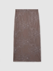 Reiss Taupe Brown Rita Lace Pencil Skirt - Image 2 of 6