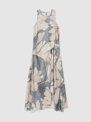Reiss Blue Mieke Satin Floral Drape Midi Dress - Image 2 of 6