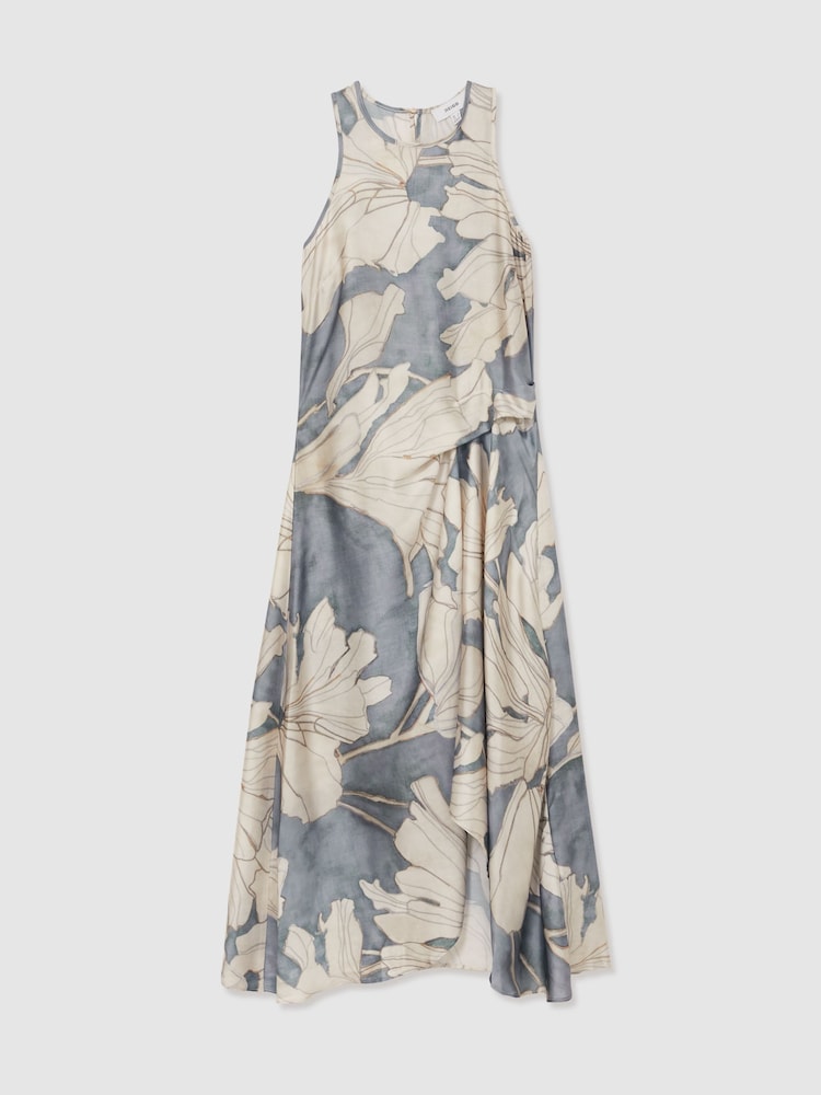 Reiss Blue Mieke Satin Floral Drape Midi Dress - Image 2 of 6