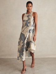 Reiss Blue Mieke Satin Floral Drape Midi Dress - Image 3 of 6