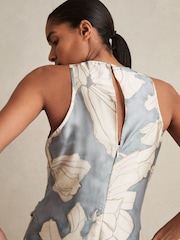 Reiss Blue Mieke Satin Floral Drape Midi Dress - Image 4 of 6