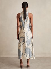 Reiss Blue Mieke Satin Floral Drape Midi Dress - Image 5 of 6