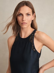 Marineblau - Reiss Anais Satin Drape Lace-Trim Dress - Bild 1 von 7