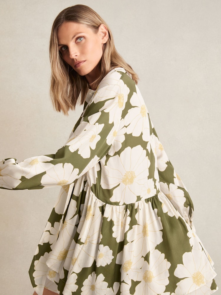 Reiss Ivory/Green Neva Floral Tie-Neck Swing Dress - Image 1 of 5