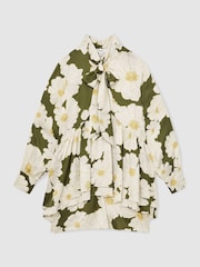 Reiss Ivory/Green Neva Floral Tie-Neck Swing Dress - Image 2 of 5