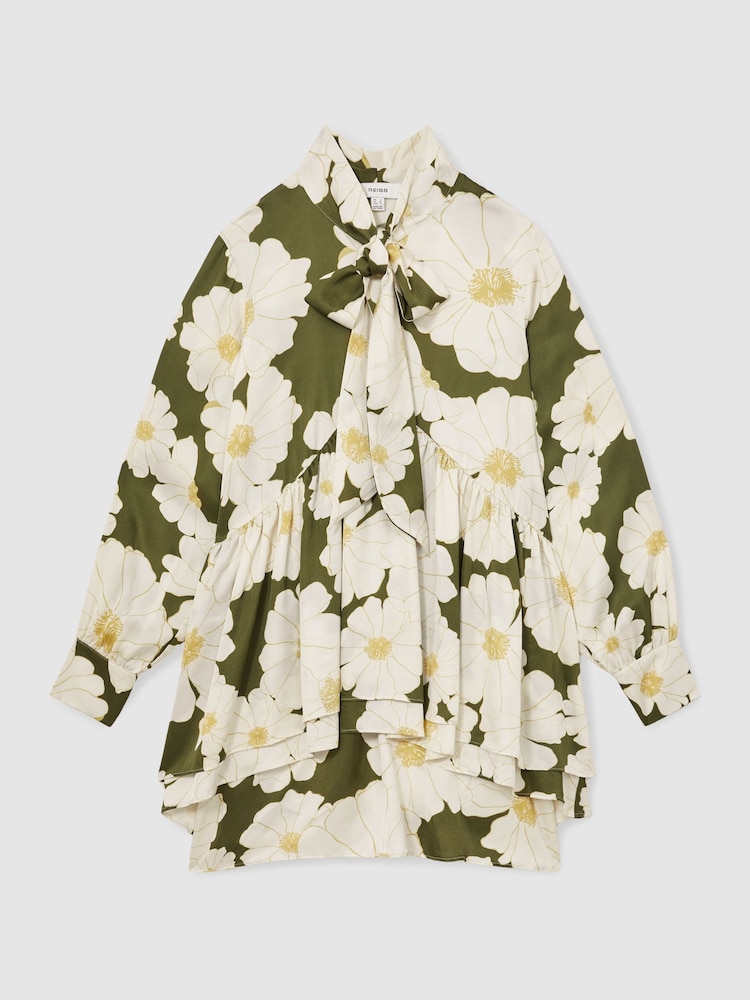 Reiss Ivory/Green Neva Floral Tie-Neck Swing Dress - Image 2 of 5