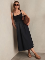 Reiss Navy Kori Perforated-Knit Cotton-Skirt Midi Dress - Image 1 of 5