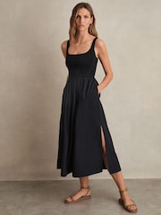Reiss Navy Kori Perforated-Knit Cotton-Skirt Midi Dress - Image 3 of 5