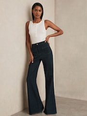 Reiss Dark Blue Sakura Patch Pocket Flared Jeans - Image 1 of 6