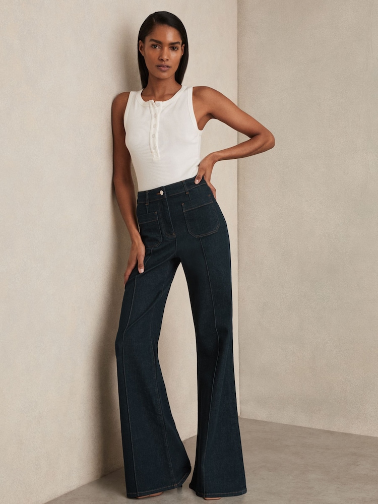Reiss Dark Blue Sakura Patch Pocket Flared Jeans - Image 1 of 6