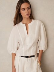 Reiss Ivory Remi Linen Balloon-Sleeve Top - Image 1 of 6