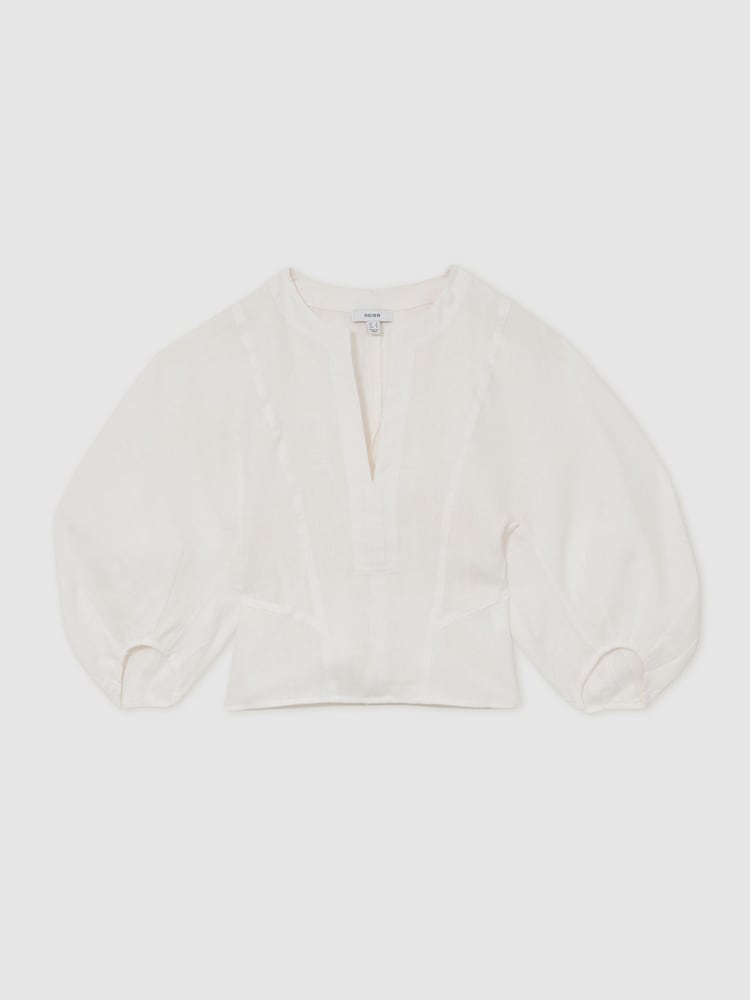 Reiss Ivory Remi Linen Balloon-Sleeve Top - Image 2 of 6