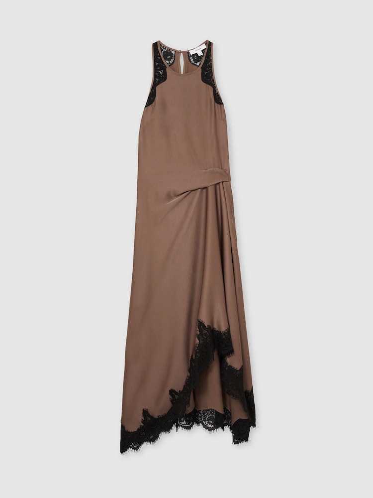 Mokkabraun - Reiss Anais Satin Drape Lace-Trim Dress - Bild 2 von 6 Mokkabraun - Reiss Anais Satin Drape Lace-Trim Dress - Bild 2 von 6