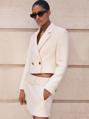 Reiss White Mia Bouclé Belted Mini Skirt With Wool and Cotton - Image 1 of 6