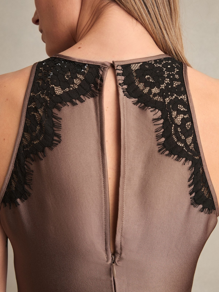 Mokkabraun - Reiss Anais Satin Drape Lace-Trim Dress - Image 4 of 7