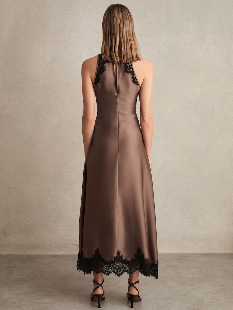 Mokkabraun - Reiss Anais Satin Drape Lace-Trim Dress - Image 5 of 7