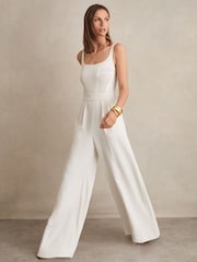 Reiss Ivory Carla Perforated-Knit Wide-Leg Jumpsuit - Image 1 of 6