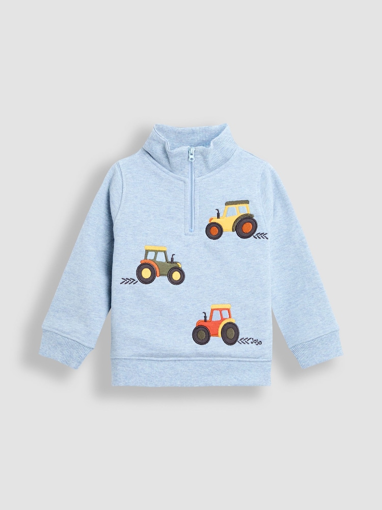 Blau - JoJo Maman Bébé Tractor Applique Half-Zip Sweatshirt - Bild 1 von 3