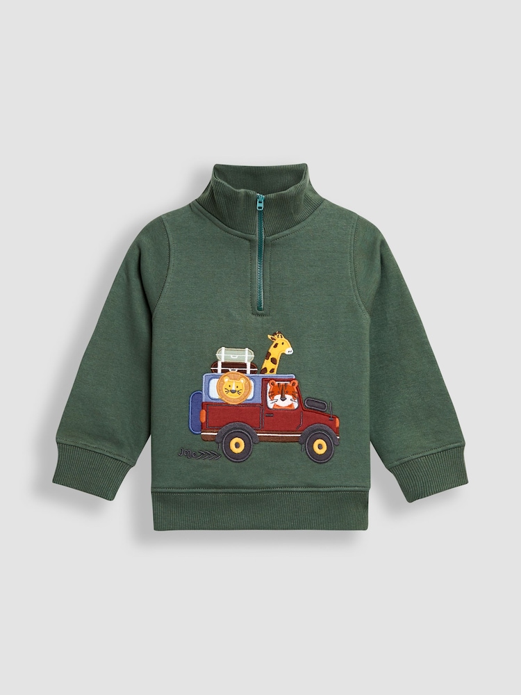 Grün - JoJo Maman Bébé Tractor Applique Half-Zip Sweatshirt - Bild 1 von 3