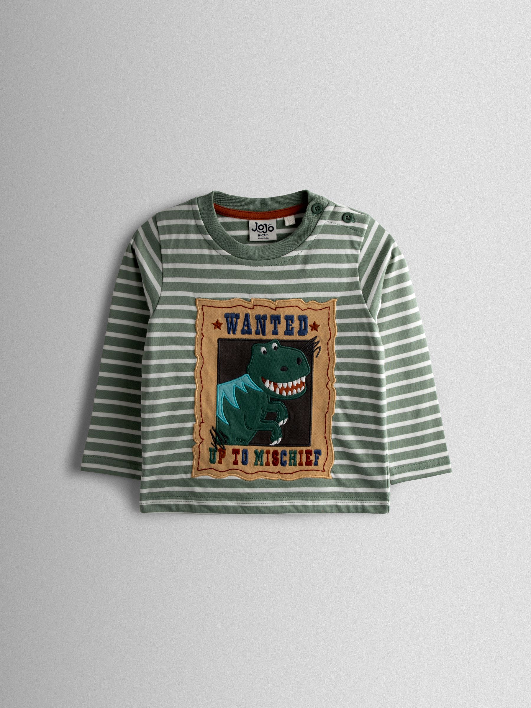 JoJo Maman Bébé Khaki Green Dino Wanted Applique Top