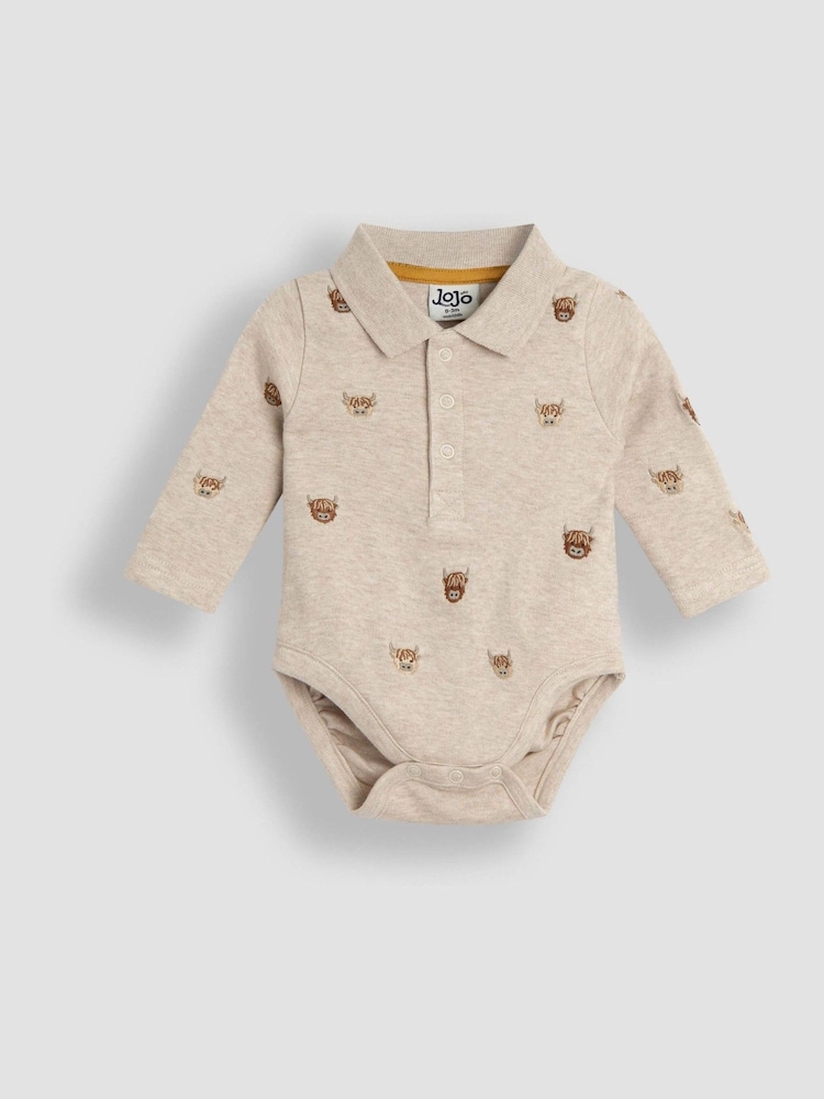 JoJo Maman Bébé Natural Highland Cow Embroidered Polo Body - Image 1 of 5 JoJo Maman Bébé Natural Highland Cow Embroidered Polo Body - Image 1 of 5