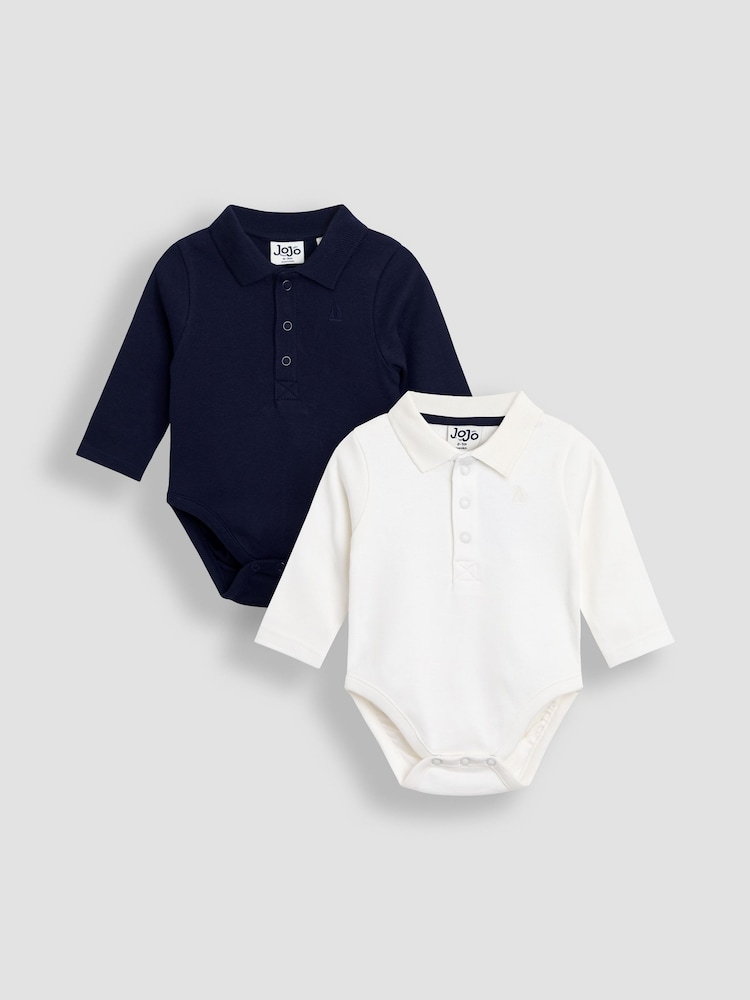 JoJo Maman Bébé Navy Blue 2-Pack Plain Long Sleeve Polo Shirt Bodies - Image 1 of 6