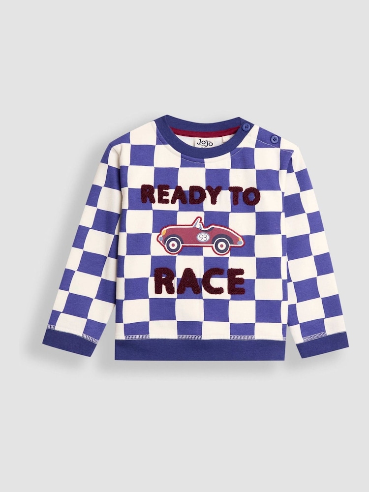 JoJo Maman Bébé Blue Ready to Race Appliqué Sweatshirt - Image 1 of 3 JoJo Maman Bébé Blue Ready to Race Appliqué Sweatshirt - Image 1 of 3