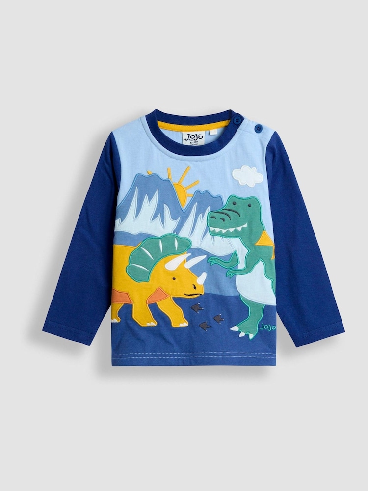 JoJo Maman Bébé Blue Dino Appliqué Scene Top - Image 1 of 3 JoJo Maman Bébé Blue Dino Appliqué Scene Top - Image 1 of 3
